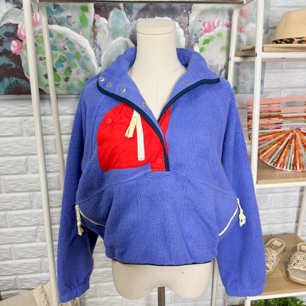 Free People New Hit The Slopes Colorblock Fleece Jacket in Blue Retro Combo - Picture 2 of 4